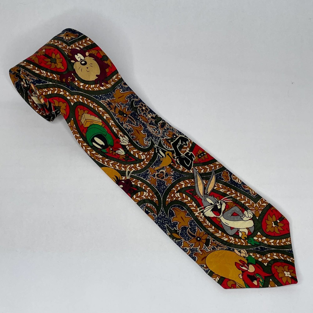 Vintage Tie Brown Paisley Looney Mania Tunes 1993 Bugs Bunny Marvin the Martian